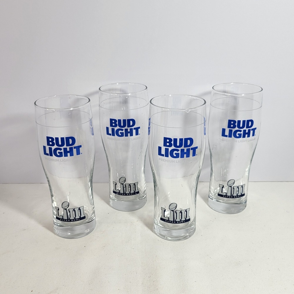 Bud Light Super Bowl LIII 53 Pilsner Beer Glasses Set of 4 NFL Memorabilia